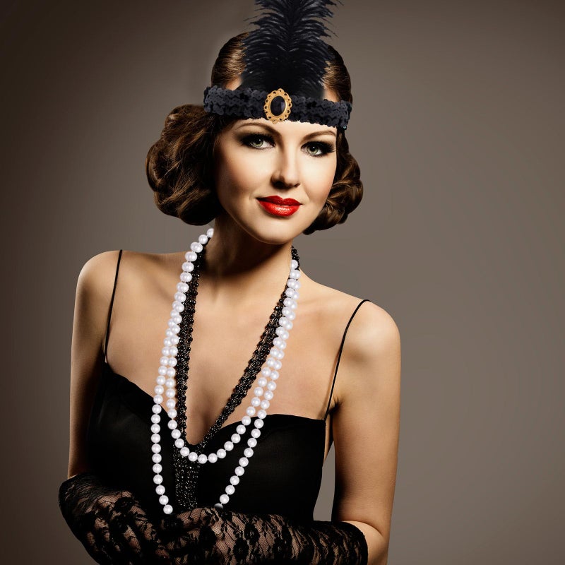 FEPITO 8 Pieces 1920s Flapper Great Gatsby Accessories Set Fashion Roaring 20's Theme Set with Headband Headpiece Long Black Gloves Necklace Earrings for Womenï¼ˆSet Dï¼‰ - Image 4